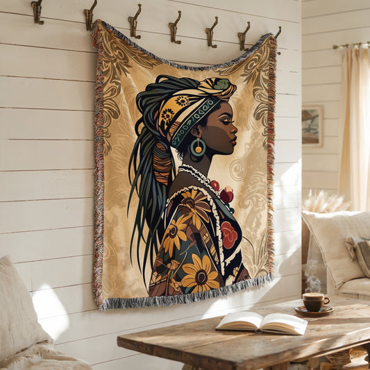 African Woman Throw Blanket |Boho Tapestry Blanket, Ethnic Floral Afro Art, Colorful Woven Blanket Gift | Cultural Theme Woven Throw