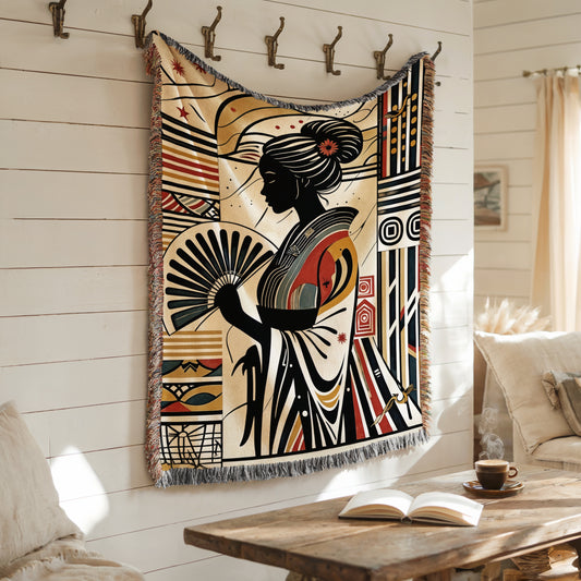Japanese Cultural Theme Blanket | Japanese Woman Art Throw Blanket – Boho Tapestry Blanket, Colorful Woven Blanket Gift | Cultural Theme Woven Throw