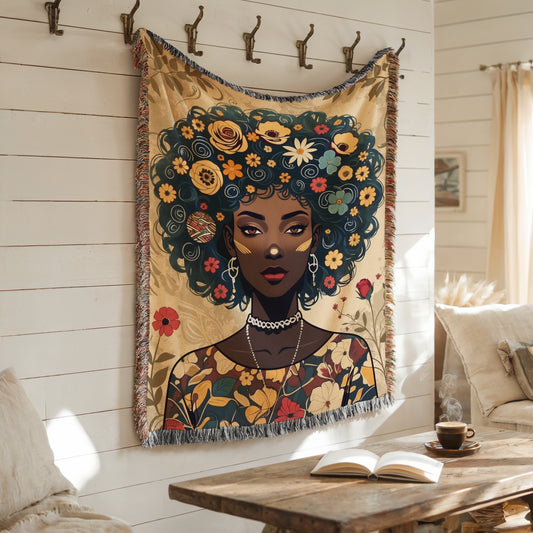 Afro Woman Floral Art Throw Blanket – Boho Tapestry Blanket, Colorful Woven Blanket Gift | Cultural Theme Woven Throw