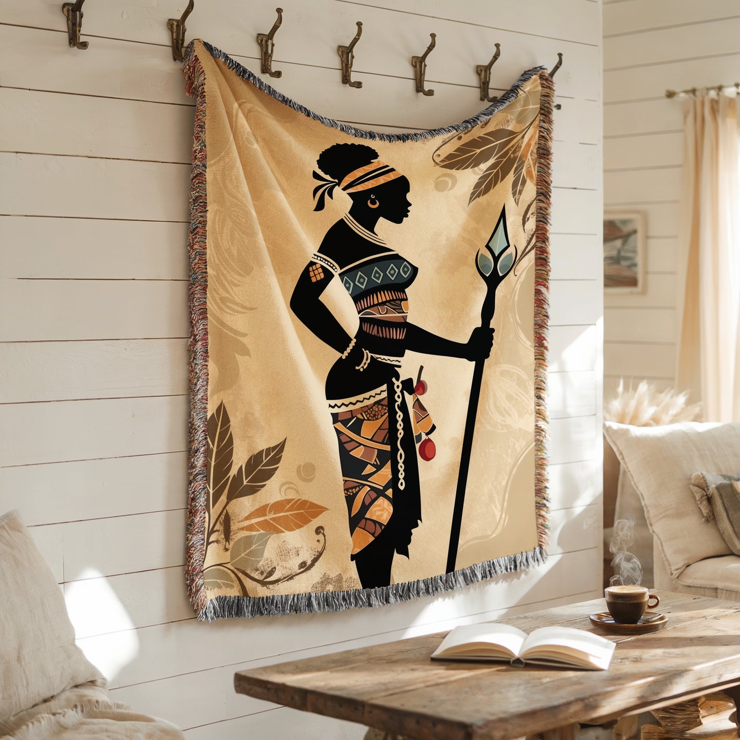 African Cultural Theme Blanket | African Tribal Huntress Art Throw Blanket – Boho Tapestry Blanket, Colorful Woven Blanket Gift | Cultural Theme Woven Throw