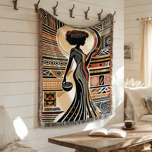 African Woman Throw Blanket | Boho Tapestry Blanket, Ethnic Floral Afro Art, Colorful Woven Blanket Gift | Cultural Theme Woven Throw