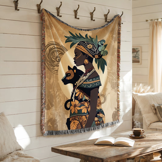 African Woman Throw Blanket | Boho Tapestry Blanket, Ethnic Floral Afro Art, Colorful Woven Blanket Gift | Cultural Theme Woven Throw