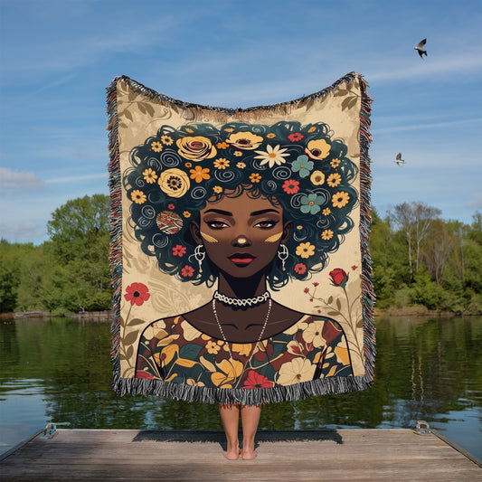 Afro Woman Floral Art Throw Blanket – Boho Tapestry Blanket, Colorful Woven Blanket Gift | Cultural Theme Woven Throw