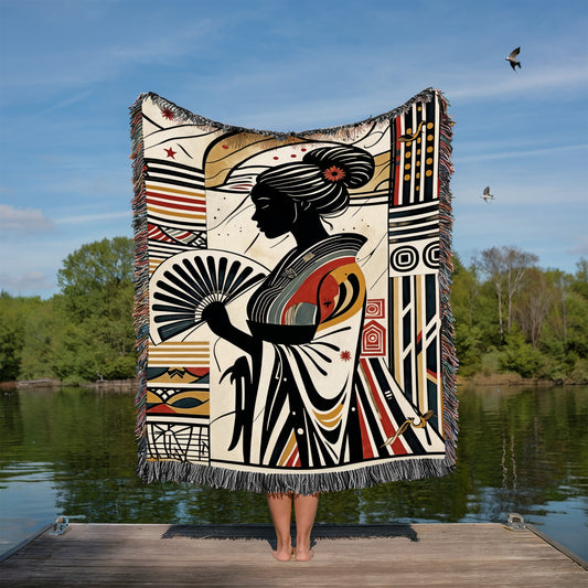 Japanese Cultural Theme Blanket | Japanese Woman Art Throw Blanket – Boho Tapestry Blanket, Colorful Woven Blanket Gift | Cultural Theme Woven Throw