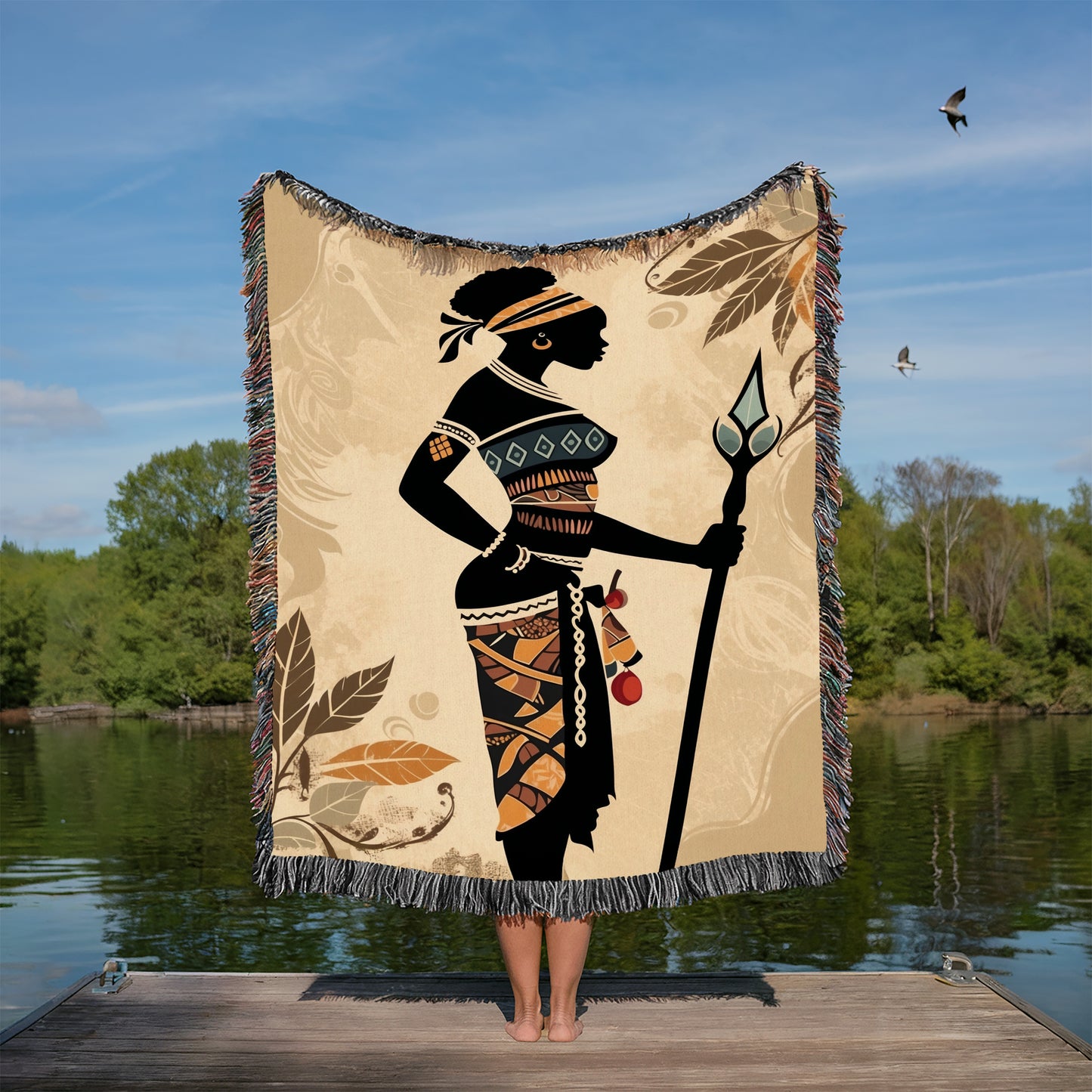 African Cultural Theme Blanket | African Tribal Huntress Art Throw Blanket – Boho Tapestry Blanket, Colorful Woven Blanket Gift | Cultural Theme Woven Throw