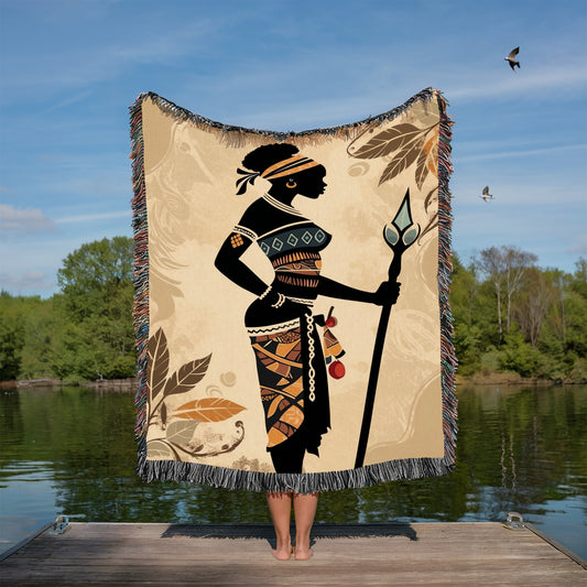 African Cultural Theme Blanket | African Tribal Huntress Art Throw Blanket – Boho Tapestry Blanket, Colorful Woven Blanket Gift | Cultural Theme Woven Throw
