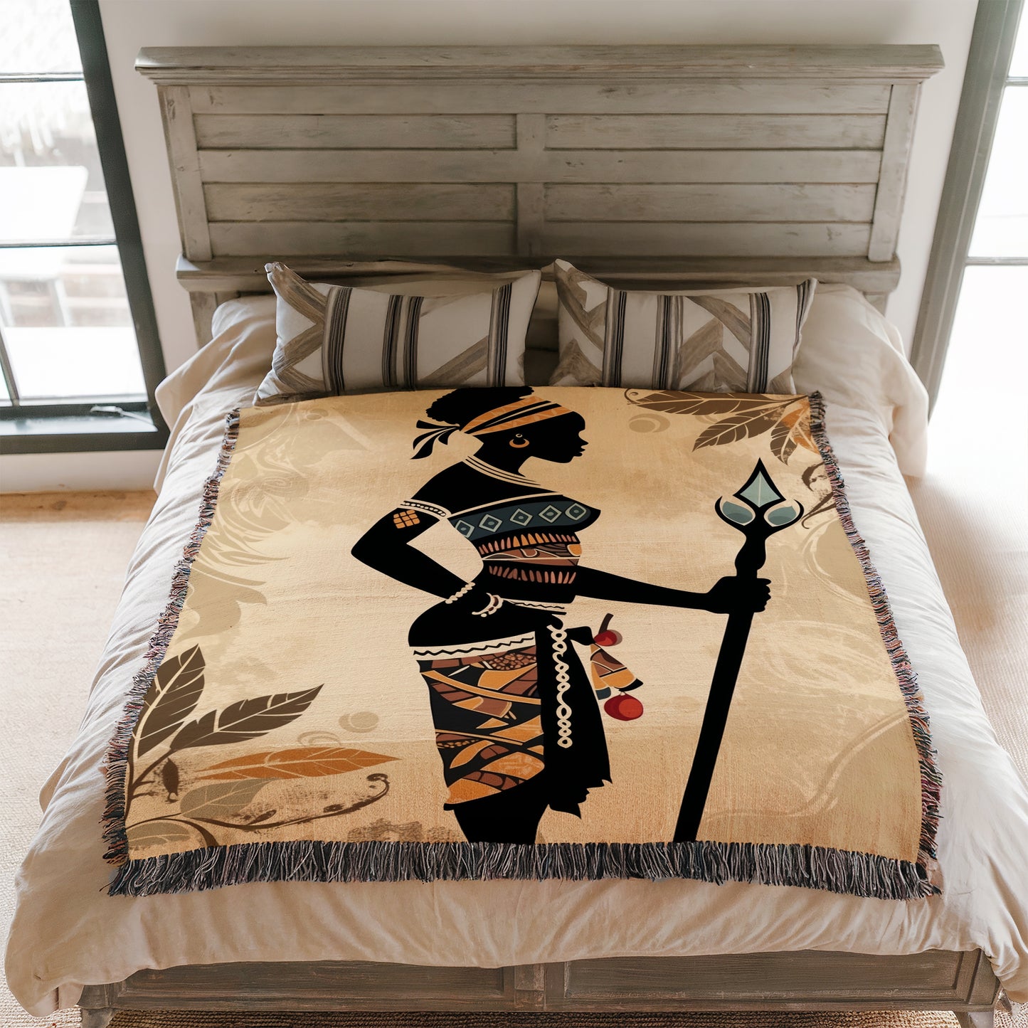 African Cultural Theme Blanket | African Tribal Huntress Art Throw Blanket – Boho Tapestry Blanket, Colorful Woven Blanket Gift | Cultural Theme Woven Throw